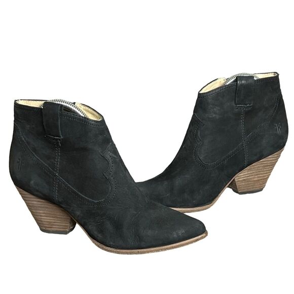 Frye Reina Ankle Boots Womens 8 Black Leather Heels Pointed Toe Western Side Zip - Picture 1 of 16